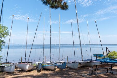 school small boat in Lacanau lake village in Franceの写真素材