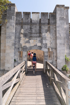 Ramparts with gate of the Two Mills Lantern tower in La Rochelle Franceのeditorial素材