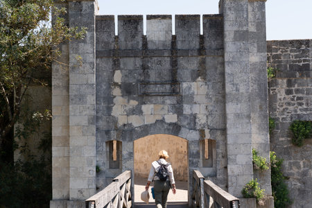 Charente-Maritime La Rochelle city in France with behind senior man touristのeditorial素材