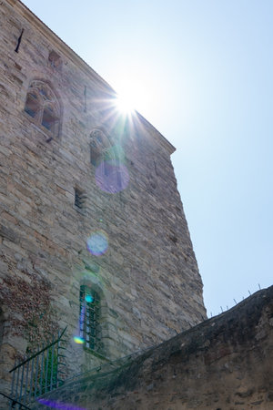 Castle medieval in Carcassonne with sun day Franceのeditorial素材