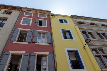 colorful houses in the city center of Carcassonne in Franceの写真素材