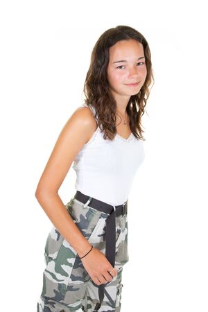 portrait of young happy woman looks in camera teenager fashion slim cute girlの写真素材