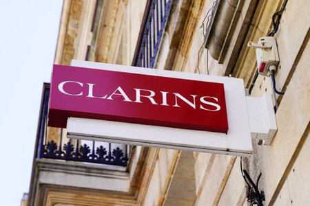 Bordeaux , Aquitaine / France - 09 18 2019 : store logo on Clarins shop signのeditorial素材