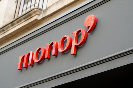 Bordeaux , Aquitaine / France - 09 18 2019 : Monoprix with monop French retail chain stores combine food clothing household giftsのeditorial素材