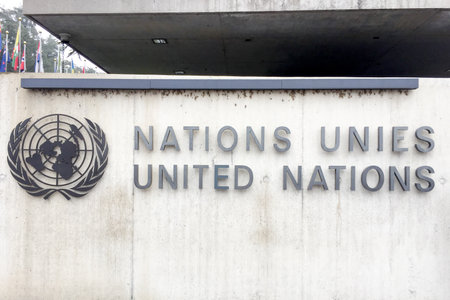 United Nations in Geneva entrance sign wallのeditorial素材