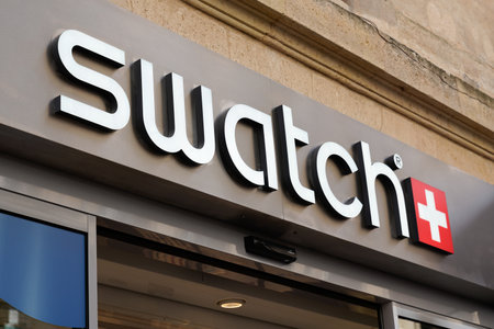 Bordeaux , Aquitaine / France - 09 18 2019 : Sign of Swatch on building facade Swiss watch companyのeditorial素材