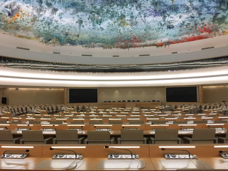 Geneva / Swittzerland - 02 06 2019 : United Nations Office at Geneva UNOG housed at the Palais des Nations maintenance of international peace and securityのeditorial素材