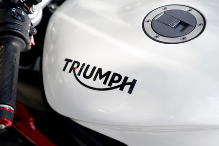 Bordeaux , Aquitaine / France - 09 18 2019 : Triumph logo on white motorcycleのeditorial素材