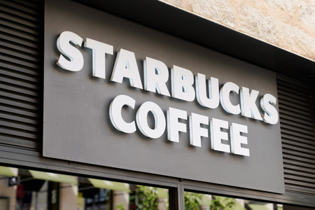 Bordeaux , Aquitaine / France - 09 18 2019 : Starbucks coffee text logo in front of shopのeditorial素材