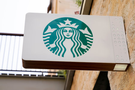 Bordeaux , Aquitaine / France - 09 18 2019 : Starbucks Coffee shop sign logo in streetのeditorial素材