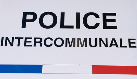 police intercommunale means in french inter-municipal police sign of local police of town and city in Franceのeditorial素材