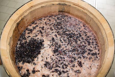 Traditional organic wine making grapes in wooden wine barrel