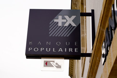 Bordeaux , Aquitaine / France - 09 23 2019 : sign retail logo of bank banque populaire french store signageのeditorial素材