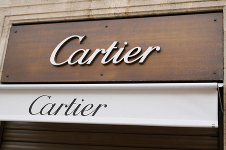 Bordeaux , Aquitaine / France - 10 10 2019 : Cartier logo sign store windows signboard shop designs and sells jewellery and watchesのeditorial素材