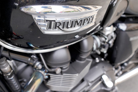 Bordeaux , Aquitaine / France - 10 10 2019 : Triumph logo on black bonneville motorcycle signのeditorial素材