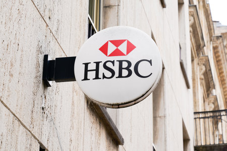 Bordeaux , Aquitaine / France - 10 10 2019 : round logo sign over an HSBC bank agency streetのeditorial素材