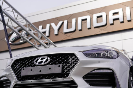 Bordeaux , Aquitaine / France - 10 17 2019 : Hyundai logo sign i30 on front grill of grey new car vehicleのeditorial素材
