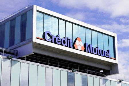 credit mutuel french bank logo signage on modern office building facade headofficeのeditorial素材