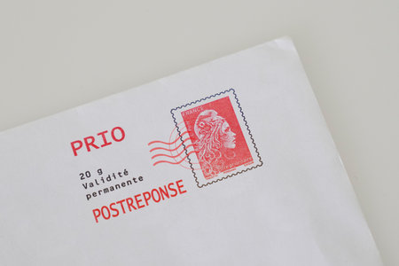 Bordeaux , Aquitaine / France - 10 15 2019 : Marianne red postage french stamp and envelope