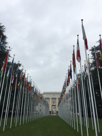 Geneva / Switzerland - 11 19 2019 : line of flags in Geneva United Nations