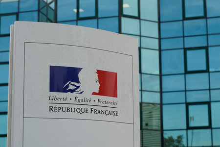 Bordeaux , Aquitaine / France - 11 19 2019 : Republique Francaise sign logo France Republic freedom equality fraternity french building state institutionのeditorial素材