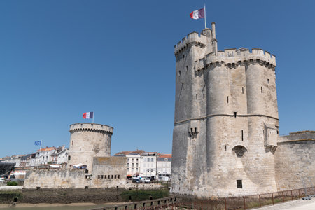 La Rochelle , Aquitaine / France - 11 19 2019 : Towers of ancient fortress boat harbor of La Rochelle Franceのeditorial素材