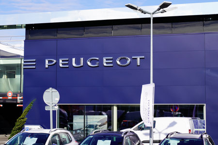 Bordeaux , Aquitaine / France - 11 13 2019 : Peugeot car dealership sign store logo French automobiles manufacturer shop PSAのeditorial素材