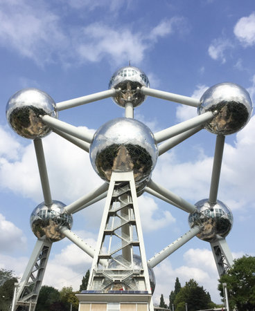 Bruxelles / Belgium - 08 21 2019 : Atomium iron silver atom model in Brussels