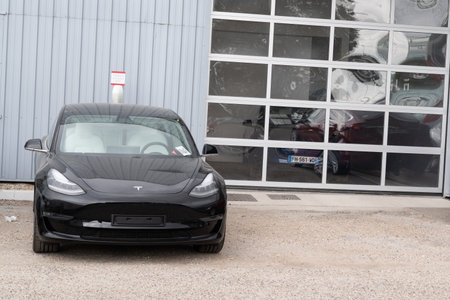 Bordeaux , Aquitaine / France - 11 13 2019 : Tesla car charging dealership automobile charger vehicle electricのeditorial素材
