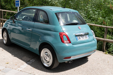 Bordeaux , Aquitaine / France - 11 13 2019 : Fiat 500 blue green vintage behind color rear parked in the streetのeditorial素材
