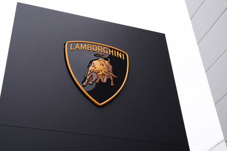Bordeaux , Aquitaine / France - 11 18 2019 : Lamborghini store logo bull Taurus sign car dealership...