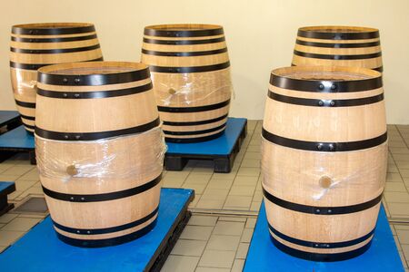 saint emilion oak empty barrels in harvest Bordeaux wine cellar