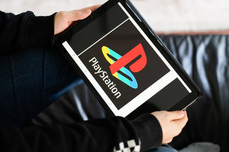 Bordeaux , Aquitaine / France - 11 25 2019 : PlayStation sign App icon on tablet screen with logo...
