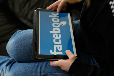 Bordeaux , Aquitaine / France - 11 30 2019 : Facebook application on screen tablet at homeのeditorial素材