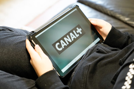 Bordeaux , Aquitaine / France - 11 25 2019 : Canal+ Canal Plus + logo sign screen tablet French...