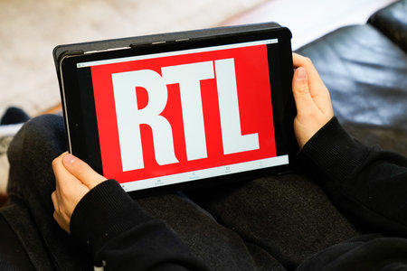Bordeaux , Aquitaine / France - 11 25 2019 : rtl sign logo screen tablet tv station popular French Radio Luxembourgのeditorial素材