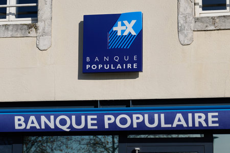 Bordeaux , Aquitaine / France - 12 04 2019 : Banque populaire blue sign retail logo bank store signage franceのeditorial素材