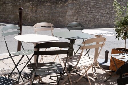 Old fashioned cafe table and chairs on the retro bar terraceの写真素材