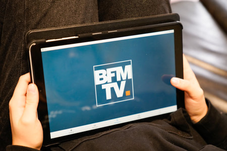 Bordeaux , Aquitaine / France - 12 04 2019 : BFM TV sign logo news tablet screen BFMTV 24-hour rolling informationのeditorial素材