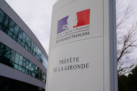 Bordeaux , Aquitaine / France - 11 19 2019 : Prefecture of Gironde department in Bordeaux sign logo France Republic freedom equality fraternity french building state institutionのeditorial素材