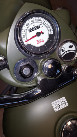 Bordeaux , Aquitaine / France - 12 19 2019 : Royal Enfield Motorcycle speedometer board and chrome details close up Bullet 500 Classic logo signのeditorial素材
