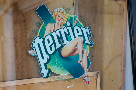 Bordeaux , Aquitaine / France - 12 28 2019 : Perrier logo sign window bar shop Sparkling Natural...