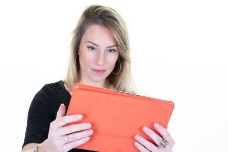 Happy businesswoman using tablet over white background business working girl