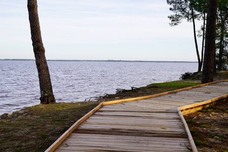 sunrise lake view wooden pathway terrace in Maubuisson Carcans Franceの写真素材