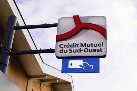 Bordeaux , Aquitaine / France -  01 09 2020 : Credit mutuel du sud ouest atm sign on bank office agency in street logo signageのeditorial素材