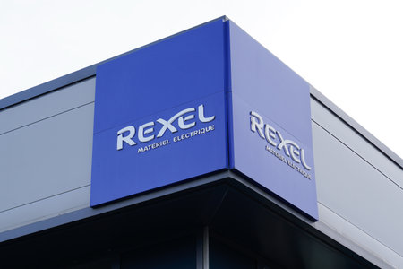 Bordeaux , Aquitaine / France - 01 22 2020 : Rexel electronics company blue sign logo french buildingのeditorial素材