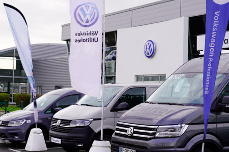 Bordeaux , Aquitaine / France - 02 01 2020 : Volkswagen car dealership sign logo on flag utility cars vanのeditorial素材