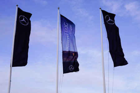 Bordeaux , Aquitaine / France - 02 01 2020 : mercedes benz flags black in wind Mercedes-Benz EQC...