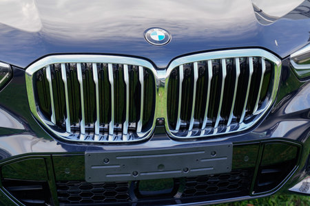 Bordeaux , Aquitaine / France - 02 01 2020 : BMW logo sign on modern black car hoodのeditorial素材