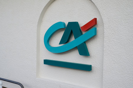 Bordeaux , Aquitaine / France - 02 01 2020 : ca credit agricole logo sign bank french bank in wall building office shopのeditorial素材